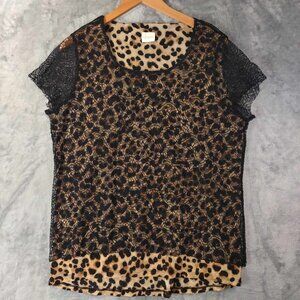 Chicos Women's Brown & Black Leopard‎ Print Short Sleeve Lace Vintage Blouse